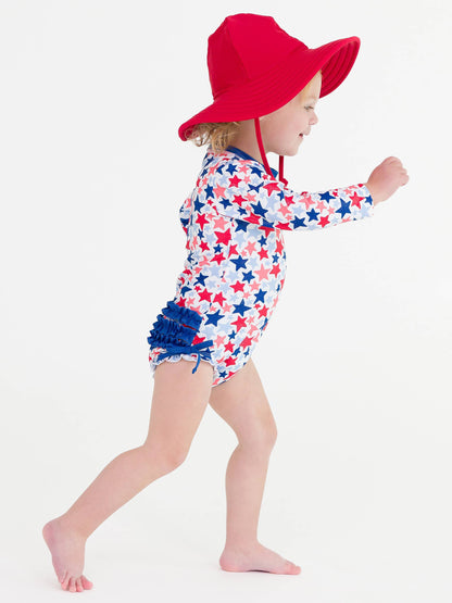 Baby Girls Shimmer Star-Spangled Long Sleeve One Piece Rash Guard Swimsuit with Signature Rear Ruffles