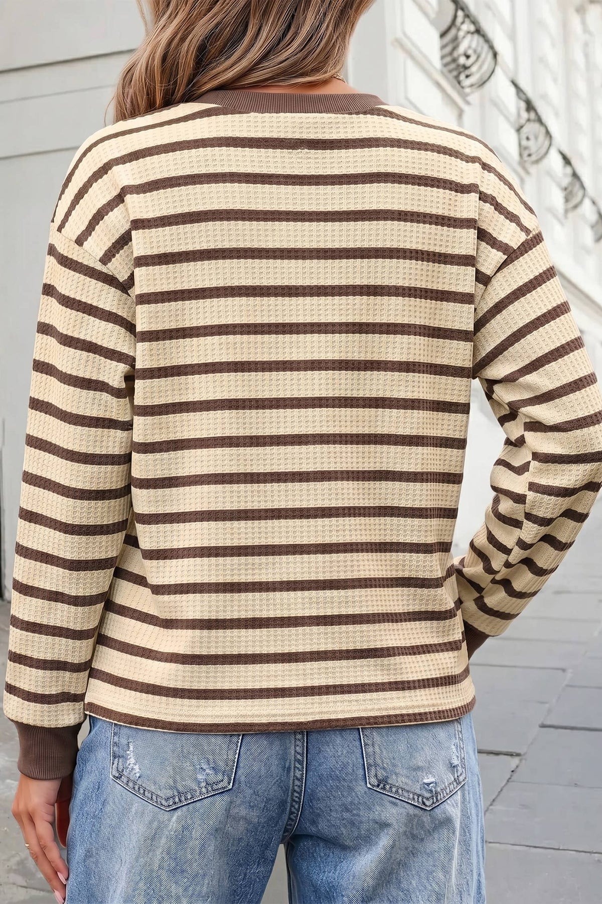 Striped Print Ribbed Cuff Casual Pullover Top
