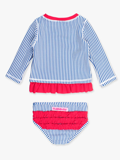 Girls Blue Seersucker Long Sleeve Rash Guard 2-Piece Swimsuit with Signature Rear Ruffles