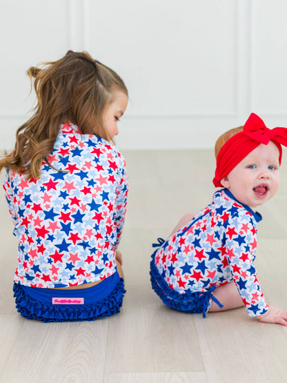 Girls Shimmer Star-Spangled Long Sleeve Zipper Rash Guard 2-Piece Swimsuit with Signature Rear Ruffles