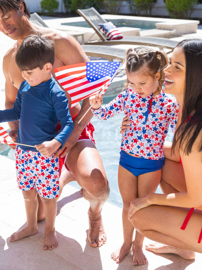 Girls Shimmer Star-Spangled Long Sleeve Zipper Rash Guard 2-Piece Swimsuit with Signature Rear Ruffles