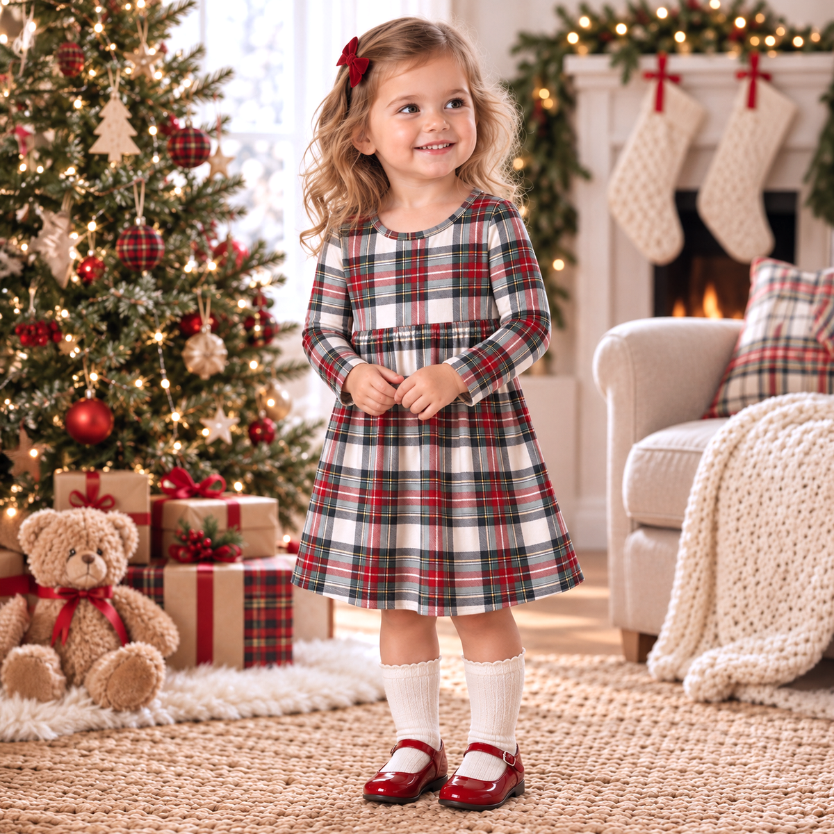 Girls Christmas Plaid Dress – Soft Bamboo Holiday Outfit