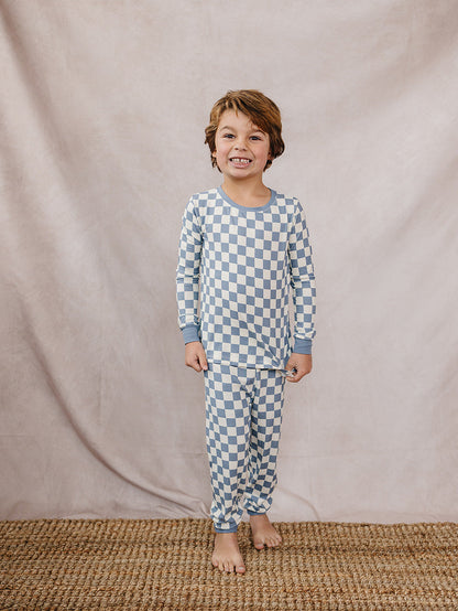 Blue Checkered Ribbed Bamboo Cozy Set