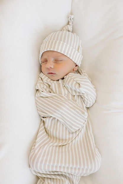 Taupe Stripe Ribbed Bamboo Newborn Knot Hat