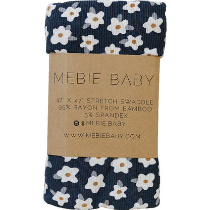 Navy Daisy Ribbed Bamboo Stretch Swaddle