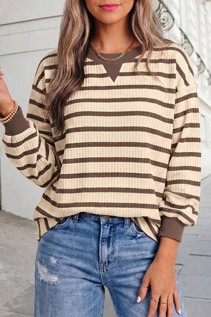Striped Print Ribbed Cuff Casual Pullover Top