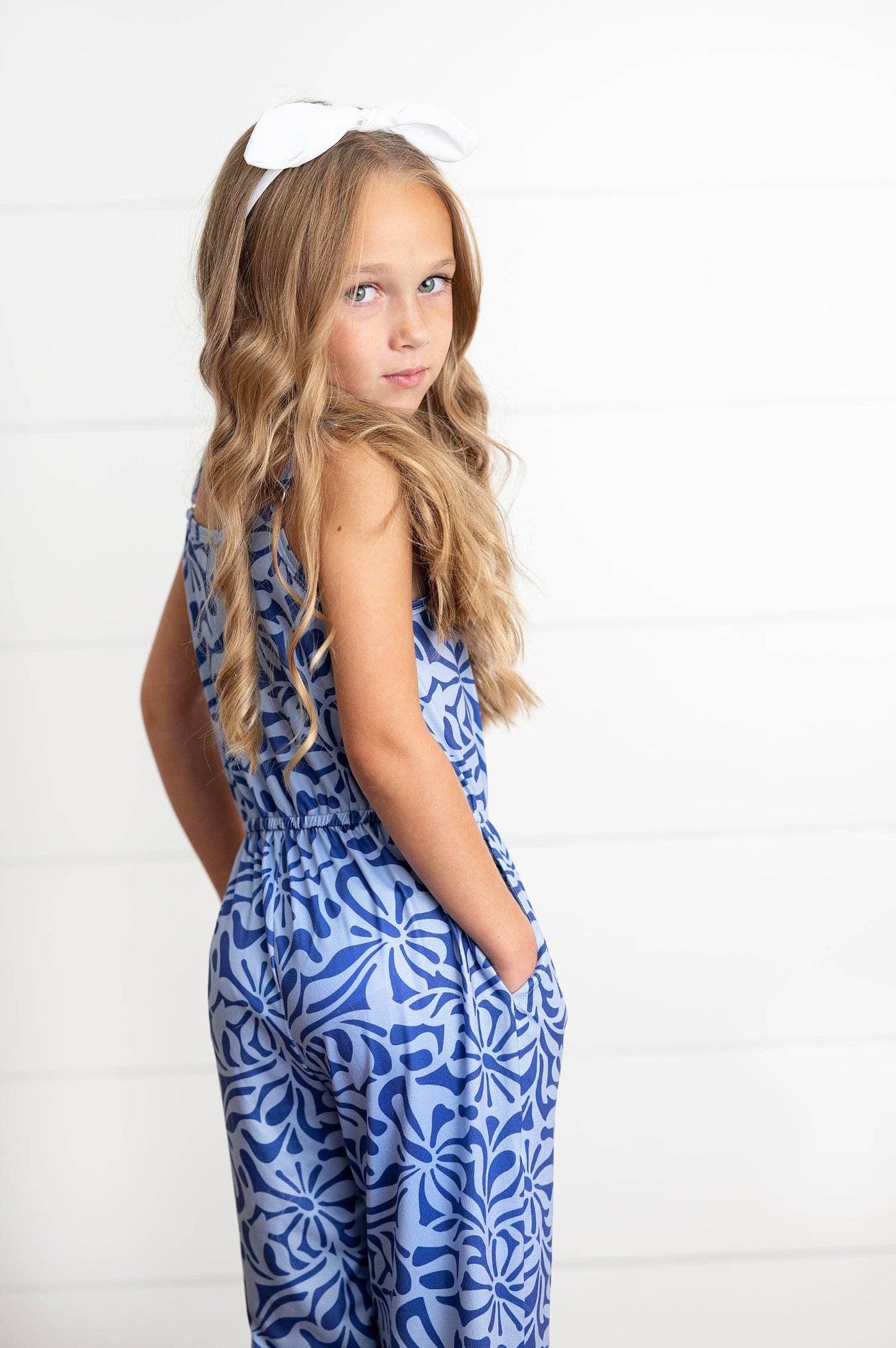Kids Periwinkle Floral Spring Summer Jumpsuit With Pockets