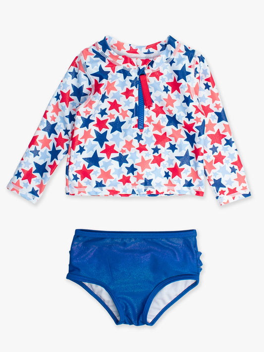 Girls Shimmer Star-Spangled Long Sleeve Zipper Rash Guard 2-Piece Swimsuit with Signature Rear Ruffles