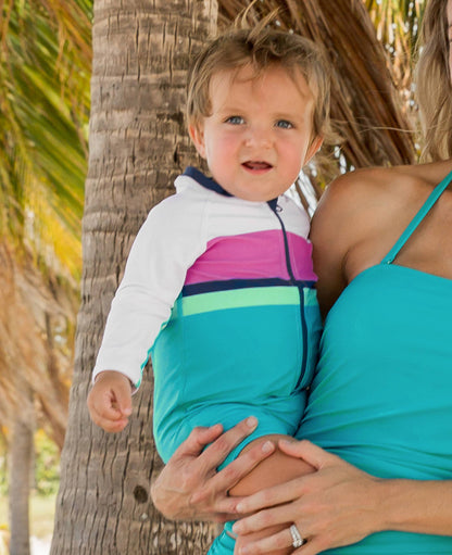 Baby Boys Aqua Color Block Long Sleeve One Piece Rash Guard
