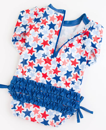 Baby Girls Shimmer Star-Spangled Long Sleeve One Piece Rash Guard Swimsuit with Signature Rear Ruffles