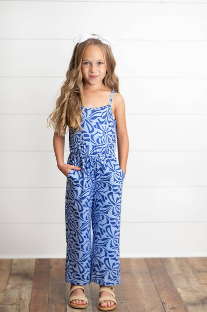 Kids Periwinkle Floral Spring Summer Jumpsuit With Pockets