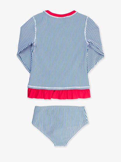 Tween Girls Blue Seersucker Long Sleeve Rash Guard 2-Piece Swimsuit