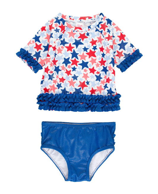 Girls Shimmer Star-Spangled Classic Short Sleeve Rash Guard 2-Piece Swimsuit with Signature Rear Ruffles