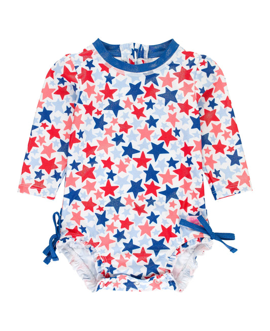 Baby Girls Shimmer Star-Spangled Long Sleeve One Piece Rash Guard Swimsuit with Signature Rear Ruffles