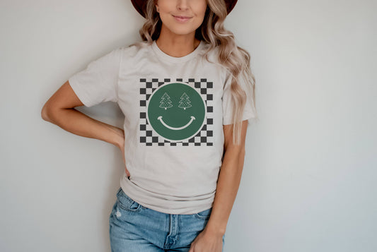 Checker Christmas Tree Happy Face Tee Holiday Graphic Tees