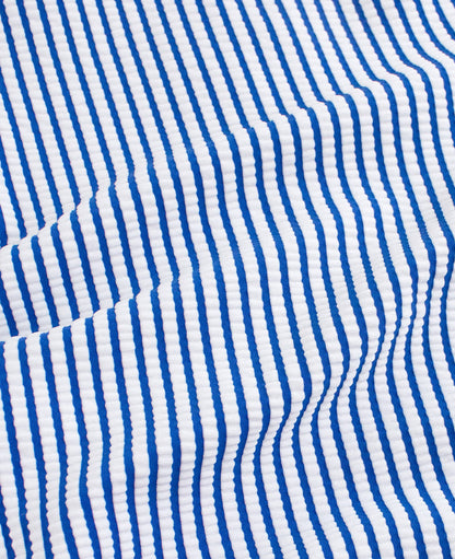 Baby Girls Blue Seersucker Long Sleeve One Piece Rash Guard Swimsuit with Signature Rear Ruffles