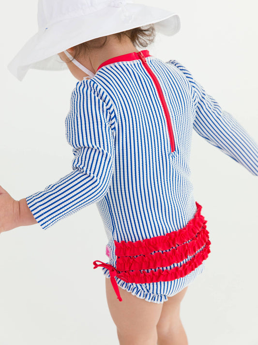 Baby Girls Blue Seersucker Long Sleeve One Piece Rash Guard Swimsuit with Signature Rear Ruffles